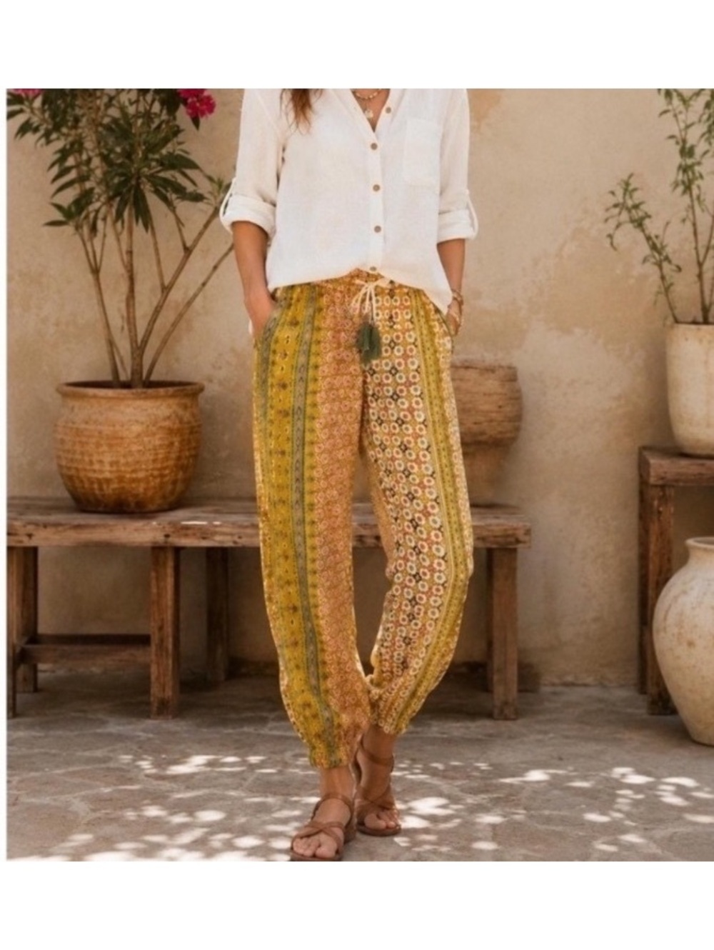 Sundance Jessinia Printed Drawstring Pants Joggers Mustard Patchwork Size Medium